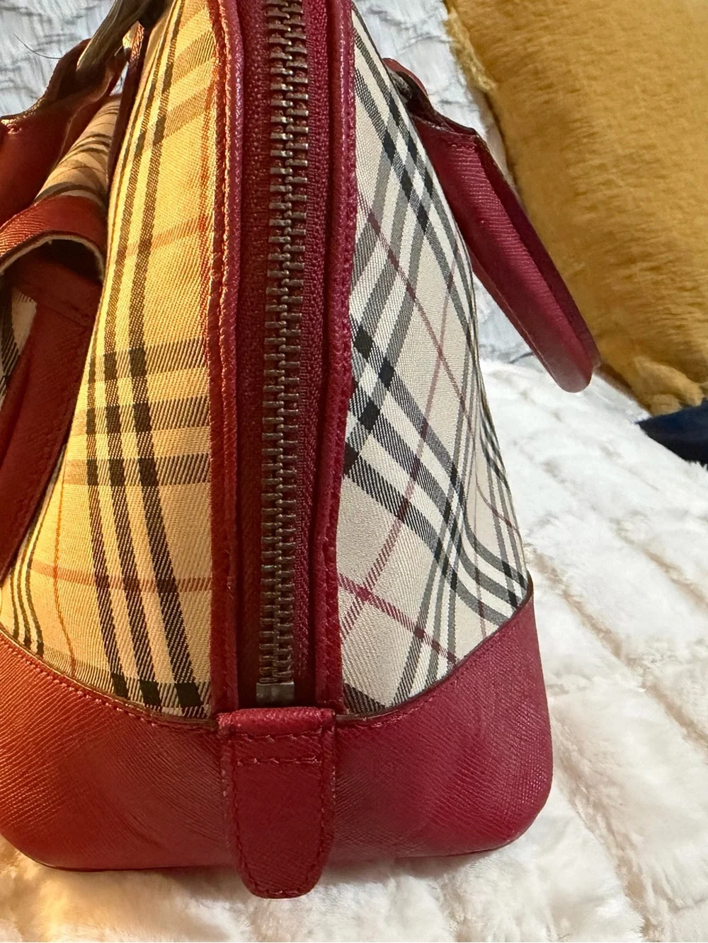 Burberry Nova Check Red Leather Turn-Lock Satchel Bag Vintage